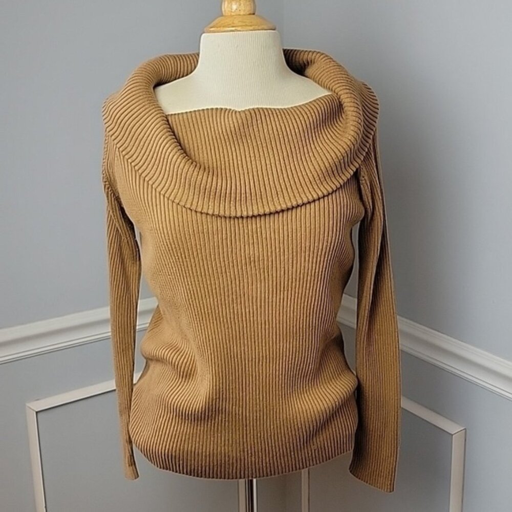 BANANA REPUBLIC Women's Camel Cotton Blend Cowl Neck Ribbed Pull Over Sweater M‎